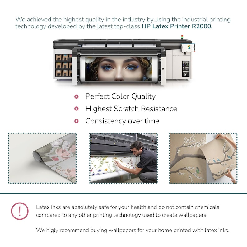 The image is a collage of four images, each depicting a different aspect of the latest top-class HP latex printer R2000. The images showcase the printer's perfect color quality, highest scratch resistance, consistency over time, and latex inks that are safe for health and do not contain chemicals compared to other printing technologies. The collage also highlights the printer's ability to create wallpapers and emphasizes the importance of buying wallpapers for your home printed with latex inks.