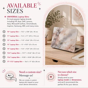 The image is a collage of various laptop skins, each with different sizes and designs, showcasing a range of options available for customers to choose from.