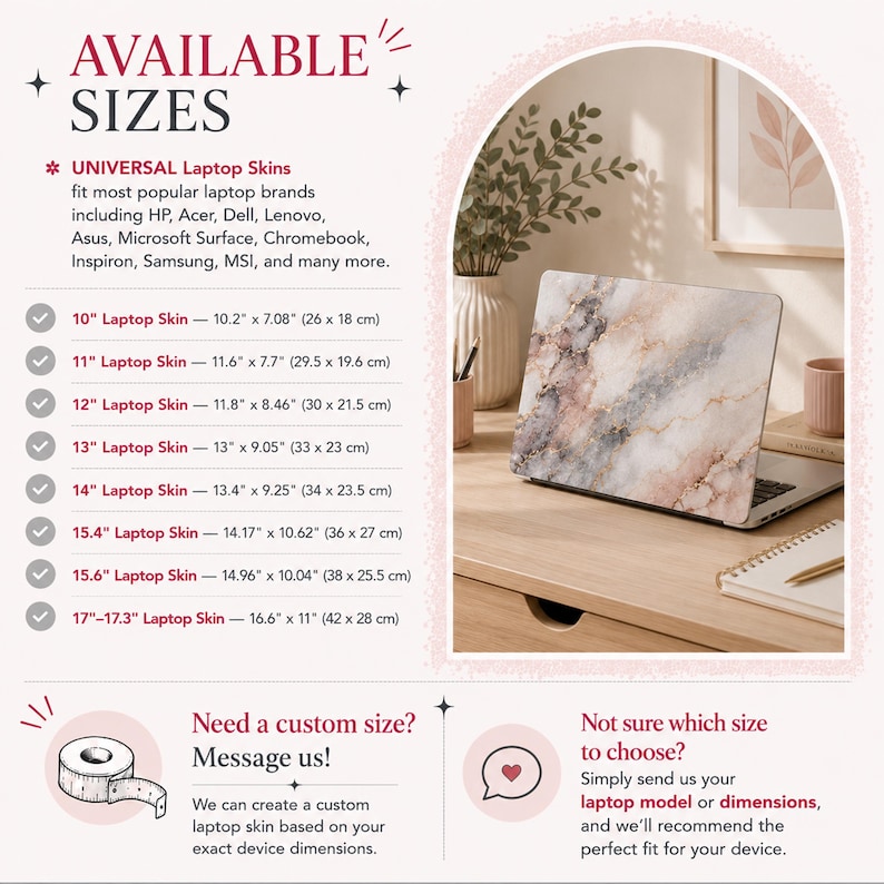 The image is a collage of various laptop skins, each with different sizes and designs, showcasing a range of options available for customers to choose from.