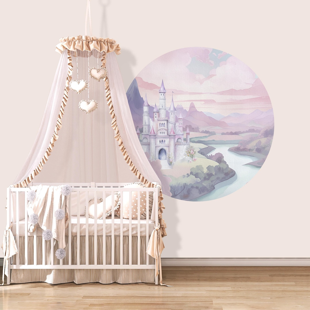 Pink Princess Castle Wall Decal Girl Nursery, Sunset Ombre Mountains ...