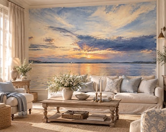 Seascape Wallpaper Mural, Coastal Sunset Landscape, Ocean Seascape Wall Art, Nautical Living Room Decor, Beach House Wall Covering