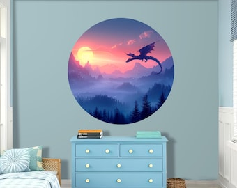 Fantasy Dragon Wall Decal Boy or Girl Nursery, Sunset Ombre Mountains Scene Vinyl Sticker Kids Room, Self Adhesive Decoration Playroom S1