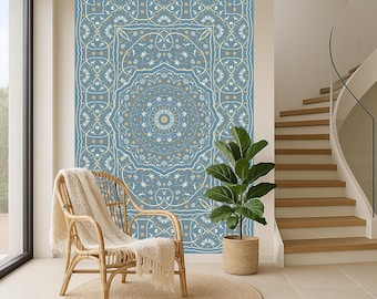 Soft Blue Persian Rug Wallpaper, Boho Ornamental Wall Mural, Moroccan Vintage Geometric Decor (Peel and Stick, Non Woven)