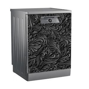 Op de afbeelding: Een roestvrijstalen vaatwasser met een decoratief zwart bloemmotief op het voorpaneel. Het apparaat heeft een digitaal display en een modern design. De zijkanten van de vaatwasser zijn geribbeld. Afmetingen: ongeveer 85 cm hoog.