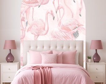 Adesivo murale rimovibile con fenicotteri rosa ad arco, decorazione per la casa in stile vintage, stampa ad arco rimovibile e adesiva per camera degli ospiti, camera da letto