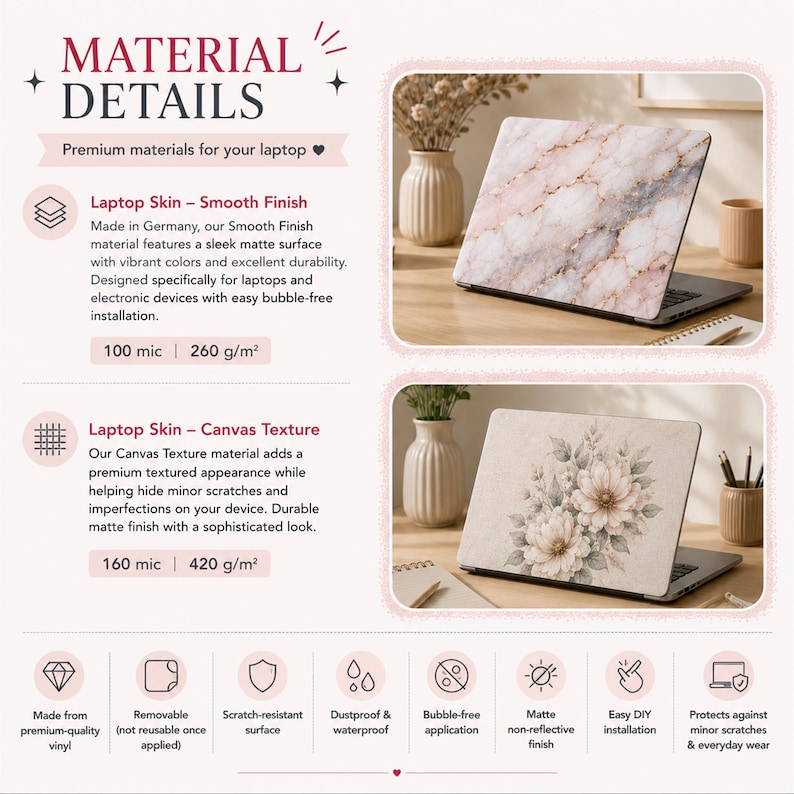 The image is a collage of two images featuring laptop skins with different textures and designs. The text in the image is too small to read clearly, so I cannot provide specific details about the content or the images themselves.
