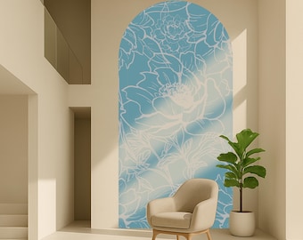 Calcomanía de pared con arco de peonías azules extraíble, decoración estética vintage para el hogar, calcomanía de arco despegable para habitación de invitados, calcomanía de arco grande