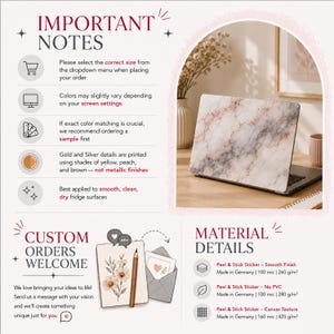 The image is a collage of two images. The top image shows a laptop with a marble-like design, and the bottom image features a greeting card with a floral design. The text in the image is too small to read clearly, so I cannot provide specific details about the content or context of the images.