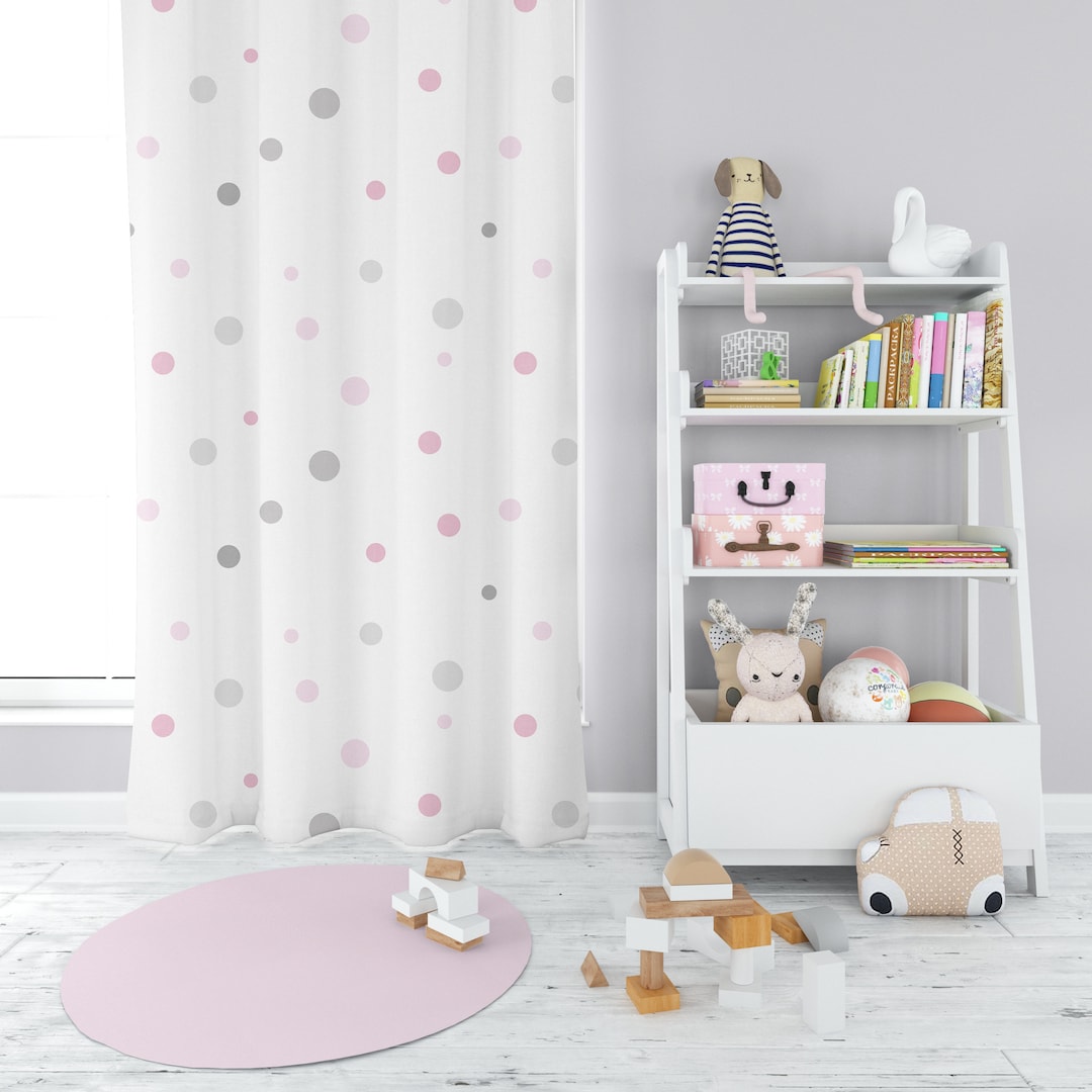 Pink and Grey Nursery Blackout Curtains Girl, Polka Dots Pastel
