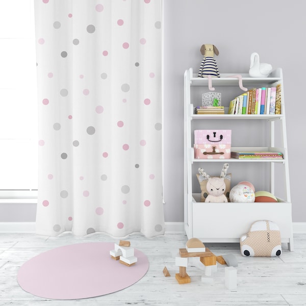 Pink and Grey Nursery Blackout Curtains Girl, Polka Dots Pastel Minimalism Curtains, Window Covers Bedroom, Custom Size Toddler Girl Curtain