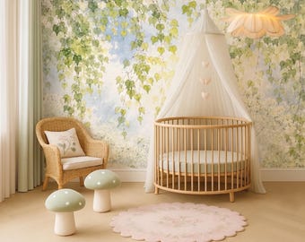 Watercolor Birch Leaf Wall Mural, Green Nursery Wallpaper, Nature Wall Decor for Kids Room