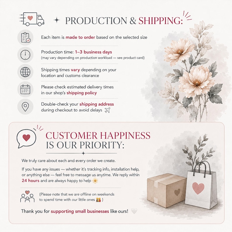 The image is a collage of two sections. The top section contains text and illustrations related to production and shipping, while the bottom section features a floral design with a heart and a note expressing customer happiness.