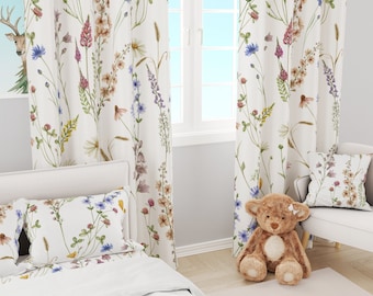 Floral Curtains Blackout with Wild Flowers, Pastel Botanical Watercolor Girl Bedroom Cotton Curtain Panel, Kids Room Decor
