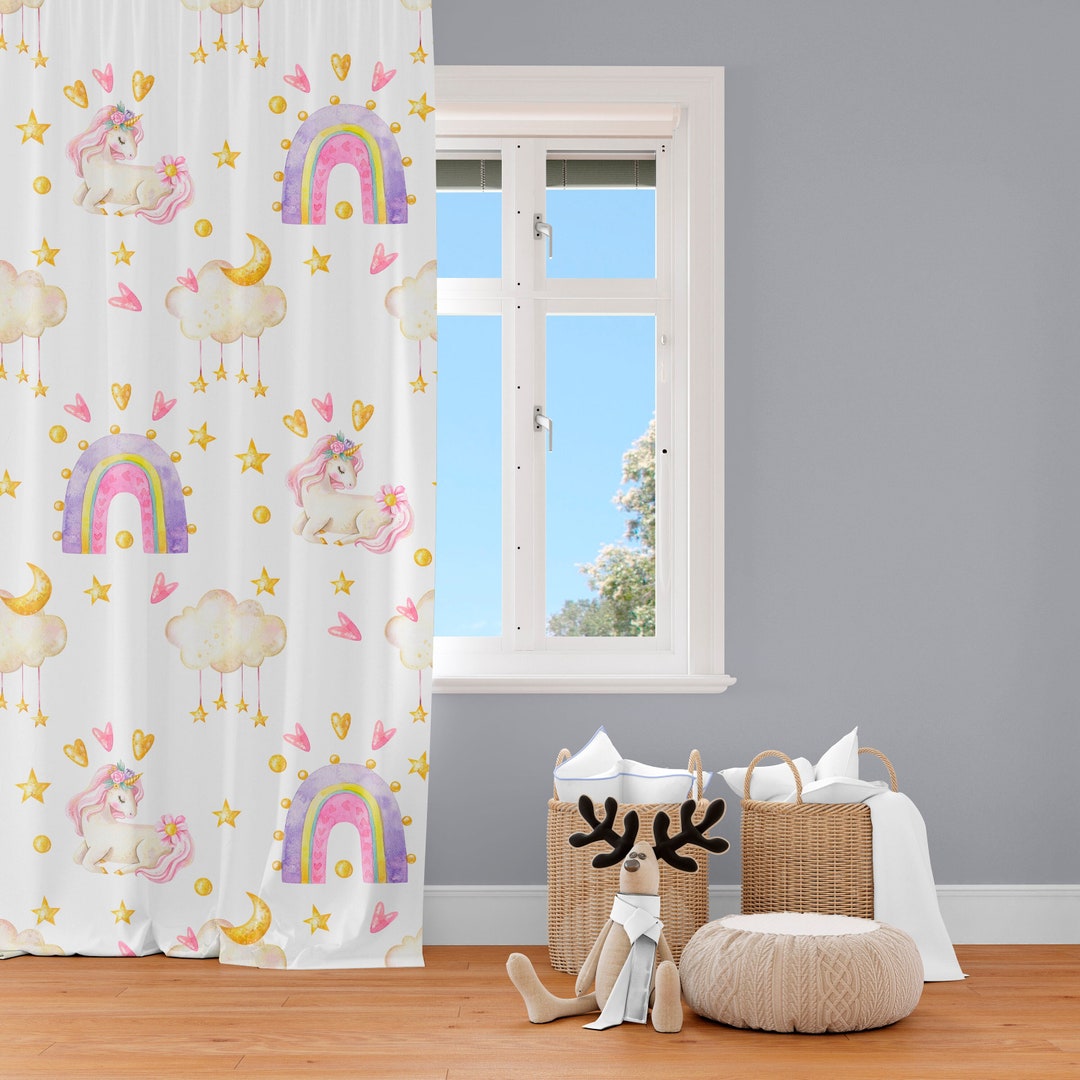 Cute Unicorn Curtains Girl Bedroom, Watercolor Rainbow Heart Blackout