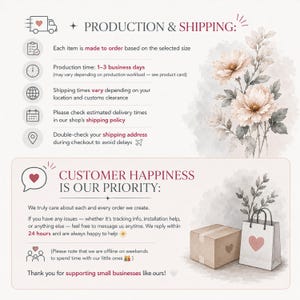 The image is a collage of two sections. The top section contains text and illustrations related to production and shipping, while the bottom section features a floral design with a heart and a note expressing customer happiness.