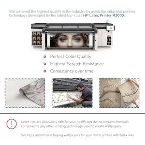 The image is a collage of four images, each depicting a different aspect of the latest top-class HP latex printer R2000. The images showcase the printer's perfect color quality, highest scratch resistance, consistency over time, and latex inks that are safe for health and do not contain chemicals compared to other printing technologies. The collage also highlights the printer's ability to create wallpapers and emphasizes the importance of buying wallpapers for your home printed with latex inks.