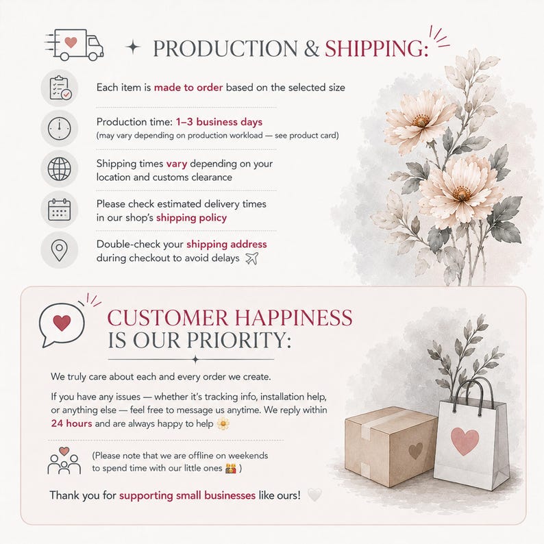 The image is a collage of two sections. The top section contains text and illustrations related to production and shipping, while the bottom section features a floral design with a heart and a note expressing customer happiness.