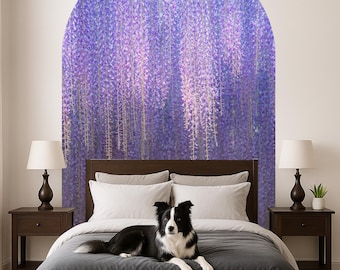 Vinilo decorativo de pared con forma de arco de flores violetas, removible, decoración estética vintage para dormitorio, impresión de arco autoadhesiva para habitación de invitados, adhesivo de arco grande decorativo