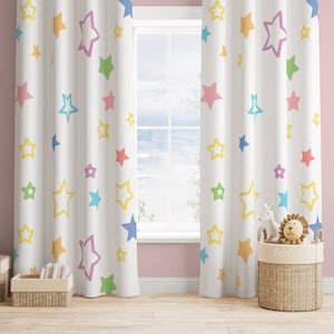 Pastel Rainbow Nursery Curtains Blackout with Stars, Rainbow Galaxy Girl or Boy Bedroom Cotton Curtain Panel, Cosmic Kids Room Window Decor