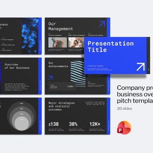 Op de afbeelding: Een digitale zakelijke presentatiesjabloon met twintig dia's in een donkergrijs en blauw kleurenschema. De lay-out bevat tekstkoppen zoals Strategy business consulting, Our Management en Presentation Title in een wit schreefloos lettertype.