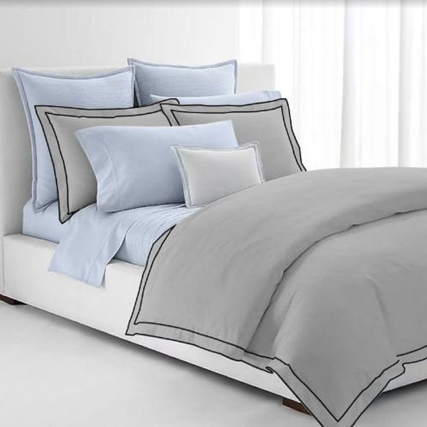 Border Frame Sateen Duvet Cover Set 100% Cotton 400 Thread Count Border in Navy, Taupe, Light Grey and Light Blue Frame