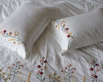 White Flower Hand Embroidered Hand Embroidered 100% Cotton 2 Piece Pillow Shams Cover & Duvet Cover Only