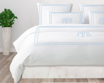 Personalized Monogram 400 TC White Cotton Sateen Hotel Stitch Duvet Cover Set in Classic Embroidery Border 1 Duvet Cover and 2 Pillow Sham