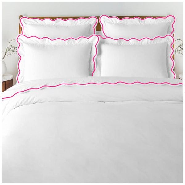 400 Thread Count White Cotton Sateen Hotel Stitch Duvet Cover in Different Scalloped Embroidery