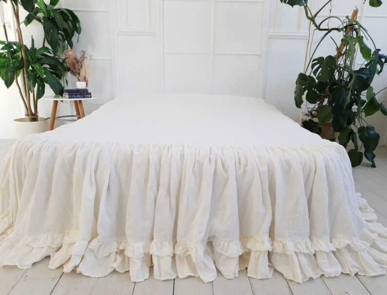 White Linen Dust Ruffle Gathered Bedspread Set 100 Linen Etsy