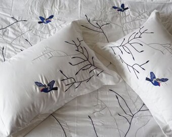 Swallow Hand Embroidered 100% Cotton 2 Piece Pillow Shams Cover & Duvet Cover Only