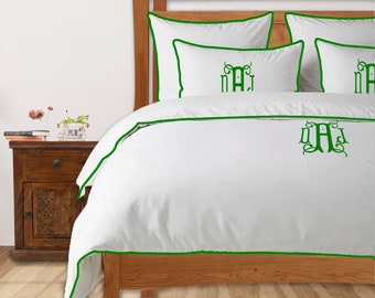Personalized Monogram 400 TC White Cotton Sateen Hotel Stitch Piping Duvet Cover Set Includes 1 Duvet Cover and 2 Pillow Sham