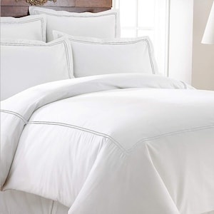 400 Thread Count White Cotton Sateen Duvet Cover Set  Double Embroidery Border 1 Duvet Cover and 2 Pillow Sham Cover