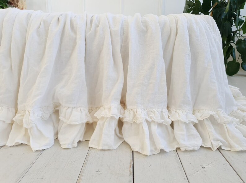White Linen Dust Ruffle Gathered Bedspread Set 100 Linen Etsy