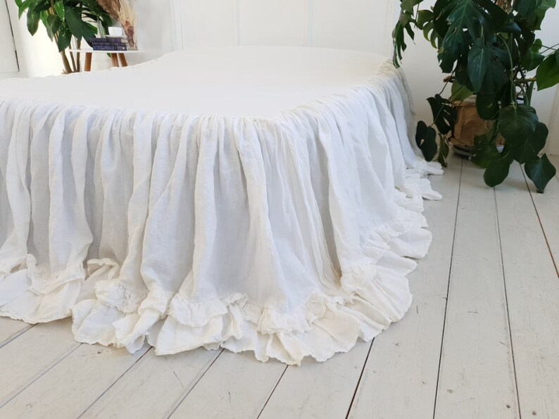 White Linen Dust Ruffle Gathered Bedspread Set 100 Linen Etsy
