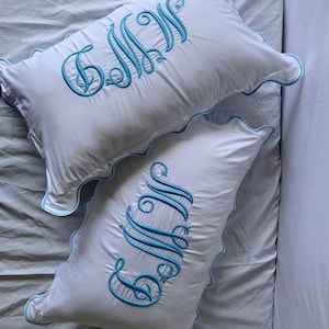 Personalized Scalloped embroidery Monogrammed Pillow Sham/Euro sham (Set of 1) 100% Cotton Sateen Luxury Hotel Collection 400 TC