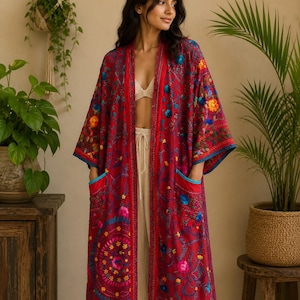 Abito kimono lungo Phulkari vintage elegante, vestaglia da bagno kimono spolverino