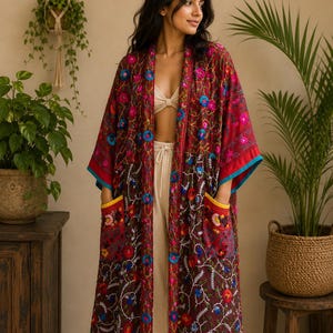 Chaqueta estilo boho larga y colorida Phulkari Kimono Duster