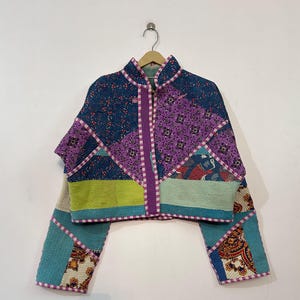Vintage Kiara Cropped Quilted Patchwork Kantha Jacket , Handmade Reversible Jacket