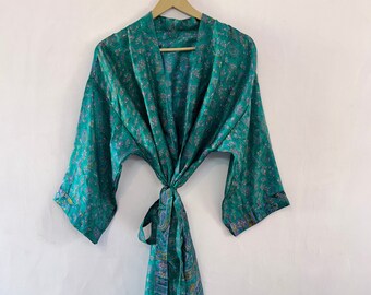 Traditional Indian Pure Saree Silk Kimono Robe for women, Duster Jacket