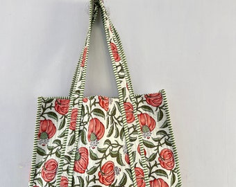 Beautiful Printed Cotton Quilted Tote Bags, Shoulder Bag for Shopping, Duffle Sustainable Bag