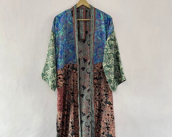 Indian Silk Kimono Patchwork Boho Kimono Robe Long Beach Cover Up Summer Cardigan Coat Jacket