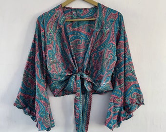 New Vintage Style Bell Sleeves Silk Wrap Top Women Wrap Around Silk Tunic Top for Summers