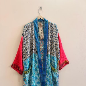 Patchwork Seide Kimono Robe: Boho Duster Jacke, Strand Cover Up