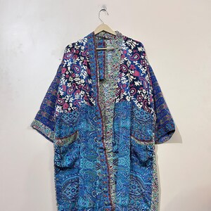 Traditional Indian Patchwork Silk Kimono Robe for women, Duster Jacket