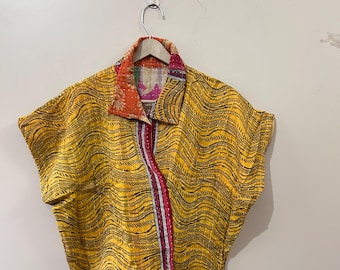 Handmade Reversible Kantha Jacket: Short Open Coat, Vintage Indian Fabric