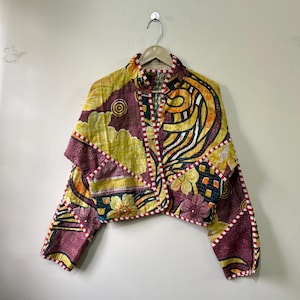 Vintage Kiara Cropped Quilted Patchwork Kantha Jacket , Handmade Reversible Jacket