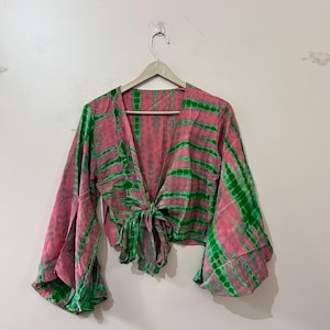 Vintage Silk Top For Women ,Bohemian Crop Top, Front Tie Boho Crop