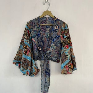 Long Bell Sleeve Indian Silk Crop Top Wrap Top