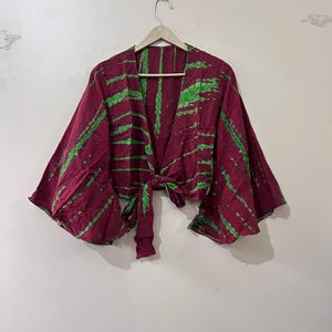 Upcycled Silk Crop Top: Vintage Boho Bell Sleeve Wrap Top