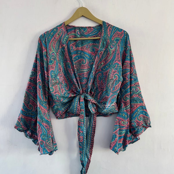 Neue Vintage-Stil Bell-Ärmeln Seide Wrap Top Frauen Wrap rund Seide Tunika Top für die Sommer